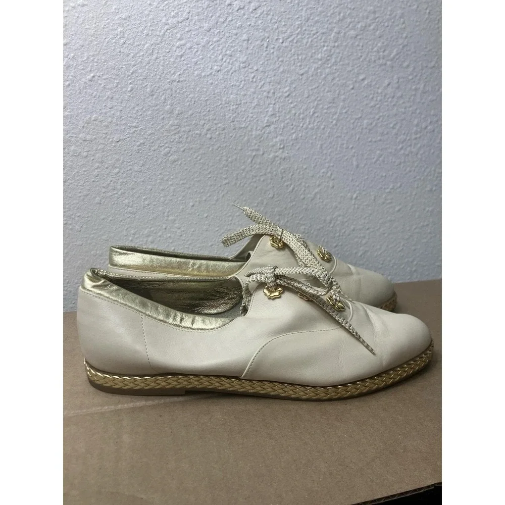 Vtg 1980s‎ Bally Jallut Ivory Leather Gold Floral Rivet Oxfords Flats Shoes 10